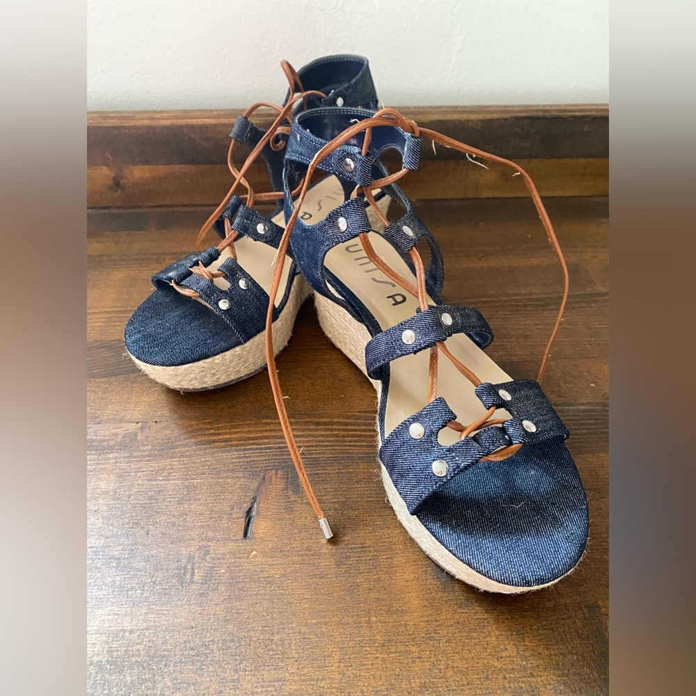 Unisa Gladiator Espadrille Sandals Navy Denim Blue Wedge Leather Lace Size 9.5M